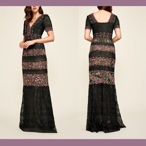 Tadashi Shoji Black and Pink V-Neck Tiered Maxi Dress